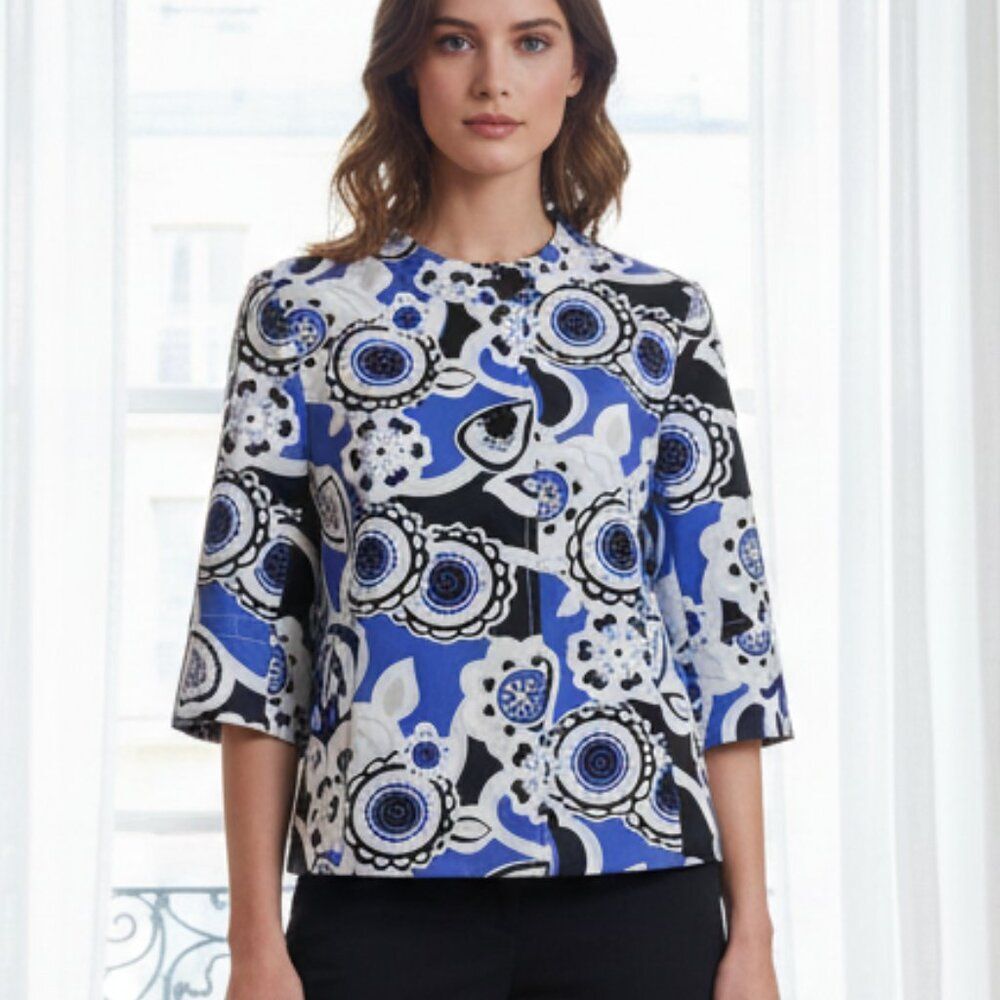 Madison Floral 3/4 Sleeve Jacket Pleated Buckle Back Blue Cream Medium